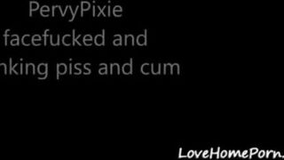 Pixie drinks piss and swallows cum on her knees