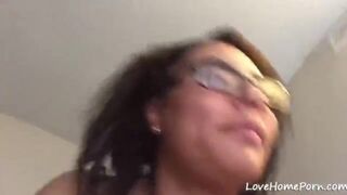 Amateur ebony girl with glasses giving a sloppy blowjob