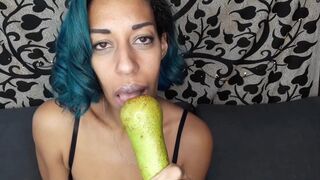 Goldenlace loving on a pear and fruit vore